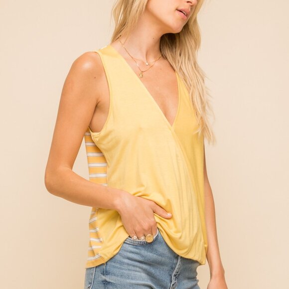 HEM & THREAD Mustard Yellow Sleeveless Wrap Tank Top, Striped Back Detail - Picture 4 of 6